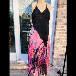 Vintage 90s Y2K Bohemian Whimsygoth Coachella Tie-Dye Halter Dress